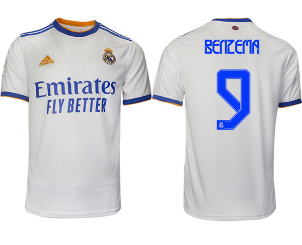 Men's Real Madrid #9 Karim Benzema 2021/22 White Home Soccer Jersey Men's Real Madrid #9 Karim Benzema 2021/22 White Home Soccer Jersey